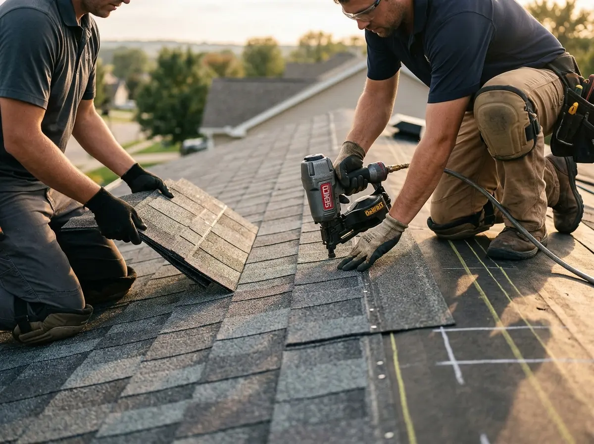Professional roofer working on a residential roof in PiÃ±on Hills